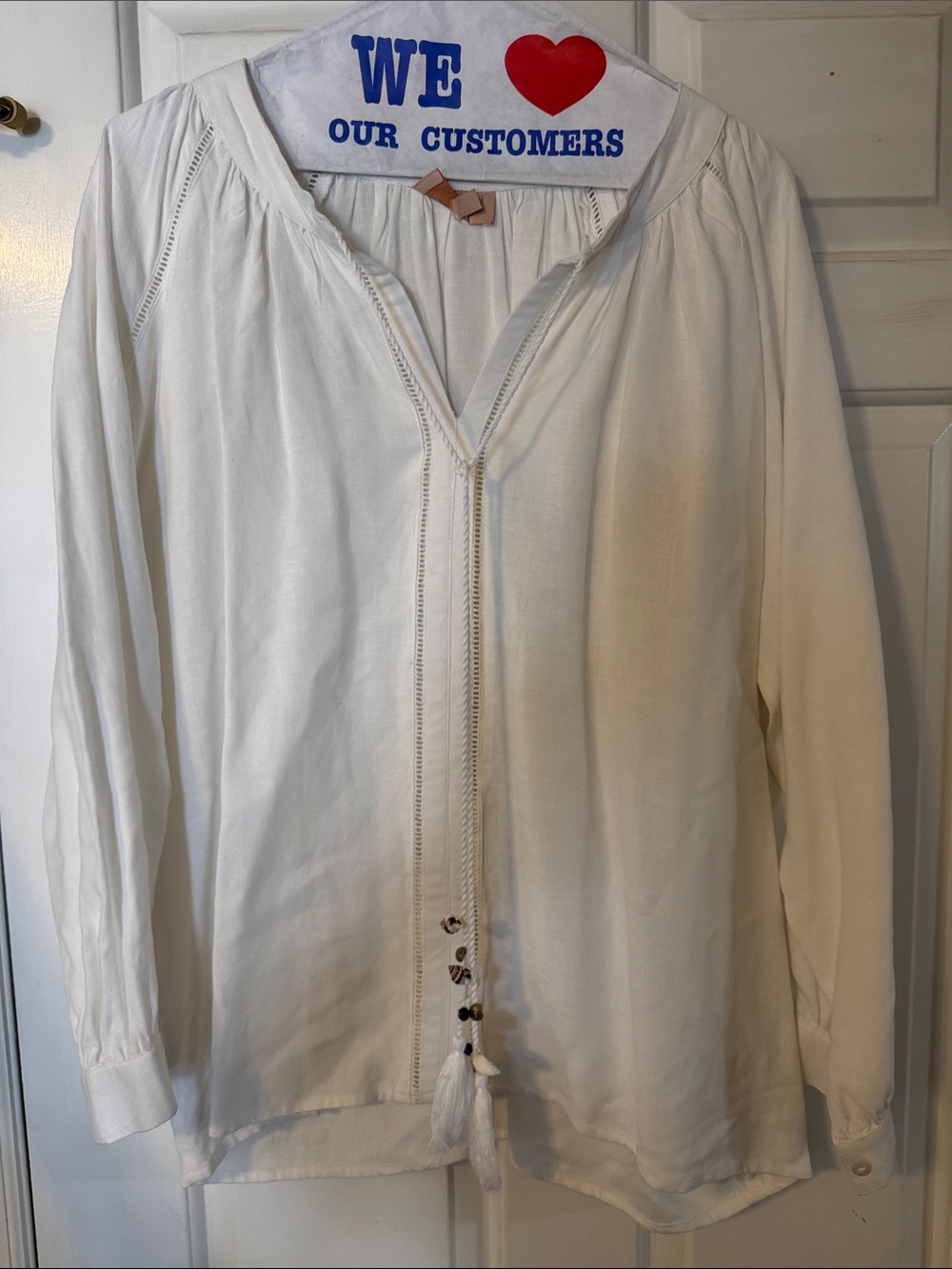 White Boho Beachy Tassel-Front Peasant Blouse